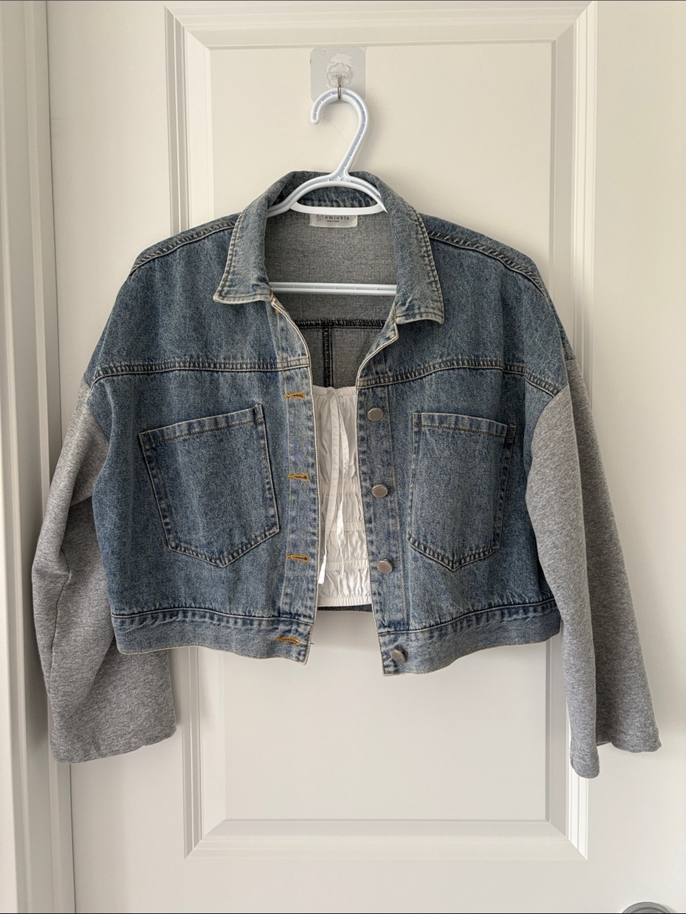 Amiable Cropped Blue Denim Jacket with Grey Sleeve Panels